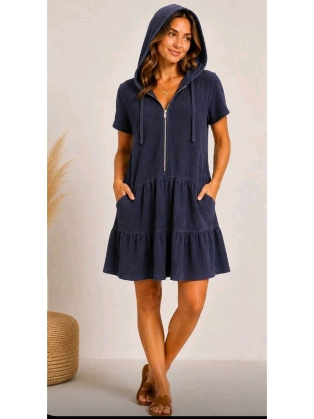 Weatherproof Terrycloth Hooded Dress Zip Tiered Beach Cover Up Pockets M Blue